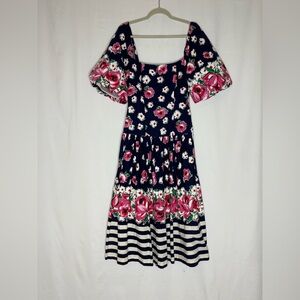 Leslie Lucks Vintage Navy Floral and Striped Midi Dress